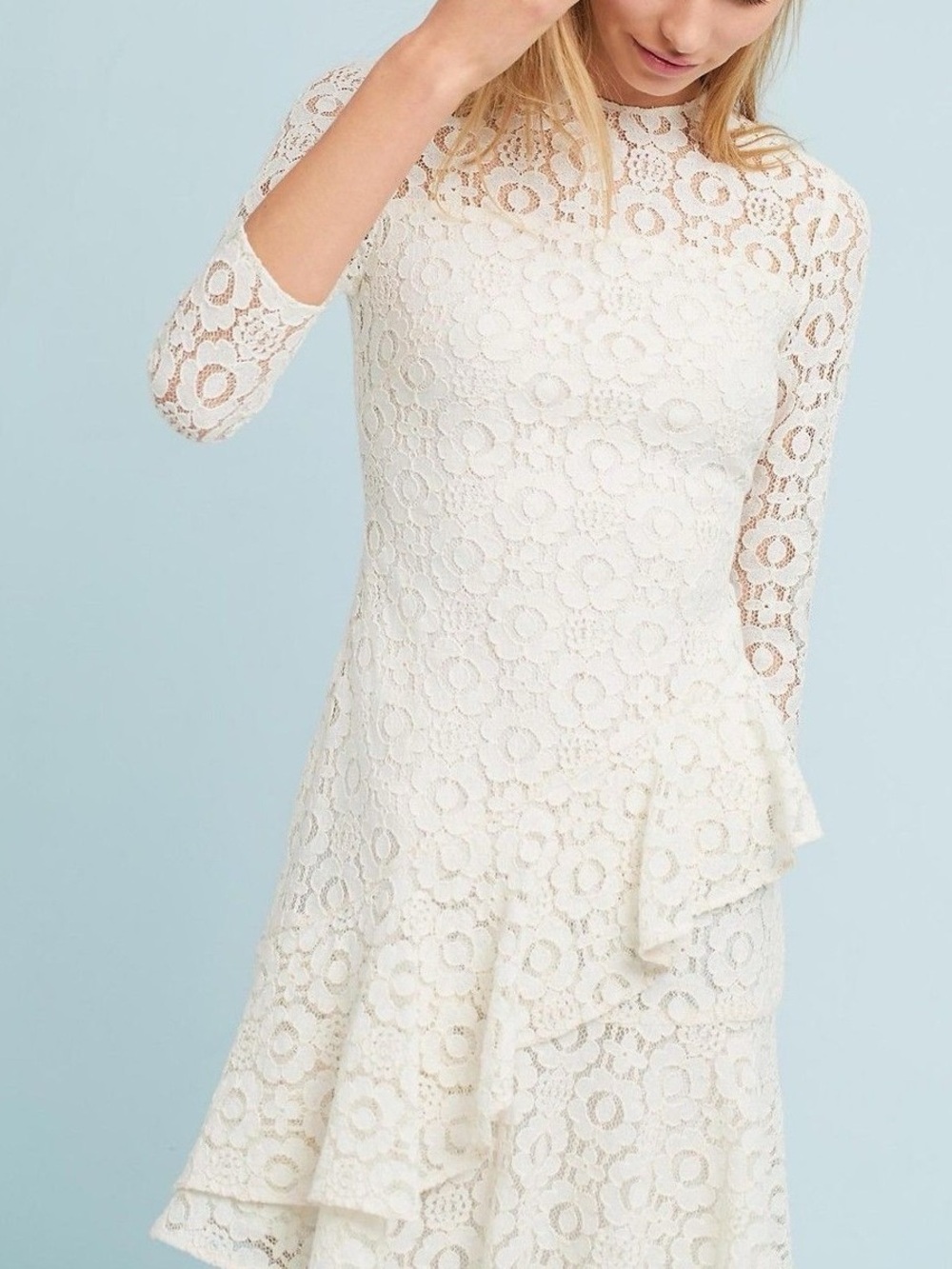 Anthropologie Shoshanna Cream Lace Ruffle Dress Cottage Bridal Bachelorette   G6